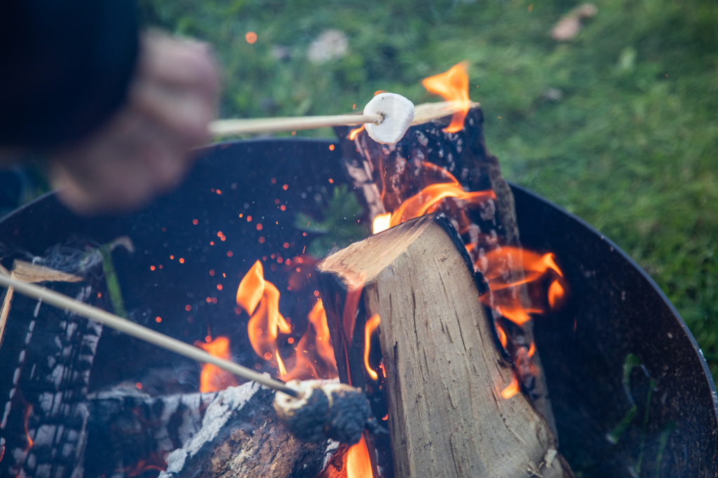 A hand holds a skewer with a marshmallow over a crackling fire in a metal fire pit, surrounded by grassy ground.