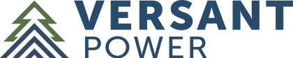 Logo featuring the text "VERSANT POWER" with a stylized green tree and blue geometric shapes beneath.