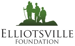Logo of the Elliottsville Foundation featuring three hikers silhouetted in green against a rock.