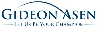 Logo for Gideon Asen with the tagline "Let Us Be Your Champion" in a blue font.