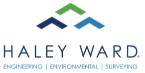 Logo for Haley Ward, featuring green and blue triangular shapes with the text "Engineering | Environmental | Surveying."