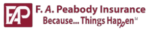 Logo of F. A. Peabody Insurance with the tagline "Because... Things Happen™".