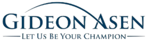 Logo for Gideon Asen with the tagline "Let Us Be Your Champion" in blue text and a curved line above.