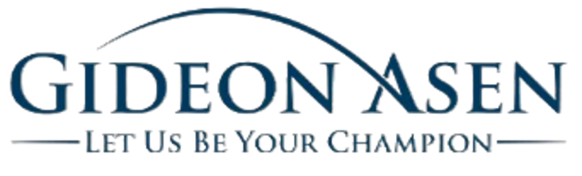 Logo for Gideon Asen with the tagline "Let Us Be Your Champion" in blue text and a curved line above.