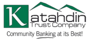 Logo for Katahdin Trust Company featuring the letter "K" and mountains above the text "Community Banking at its Best!"