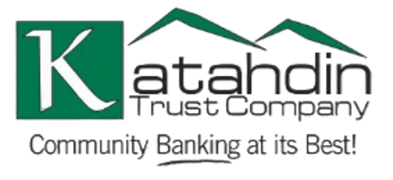 Logo for Katahdin Trust Company featuring the letter "K" and mountains above the text "Community Banking at its Best!"