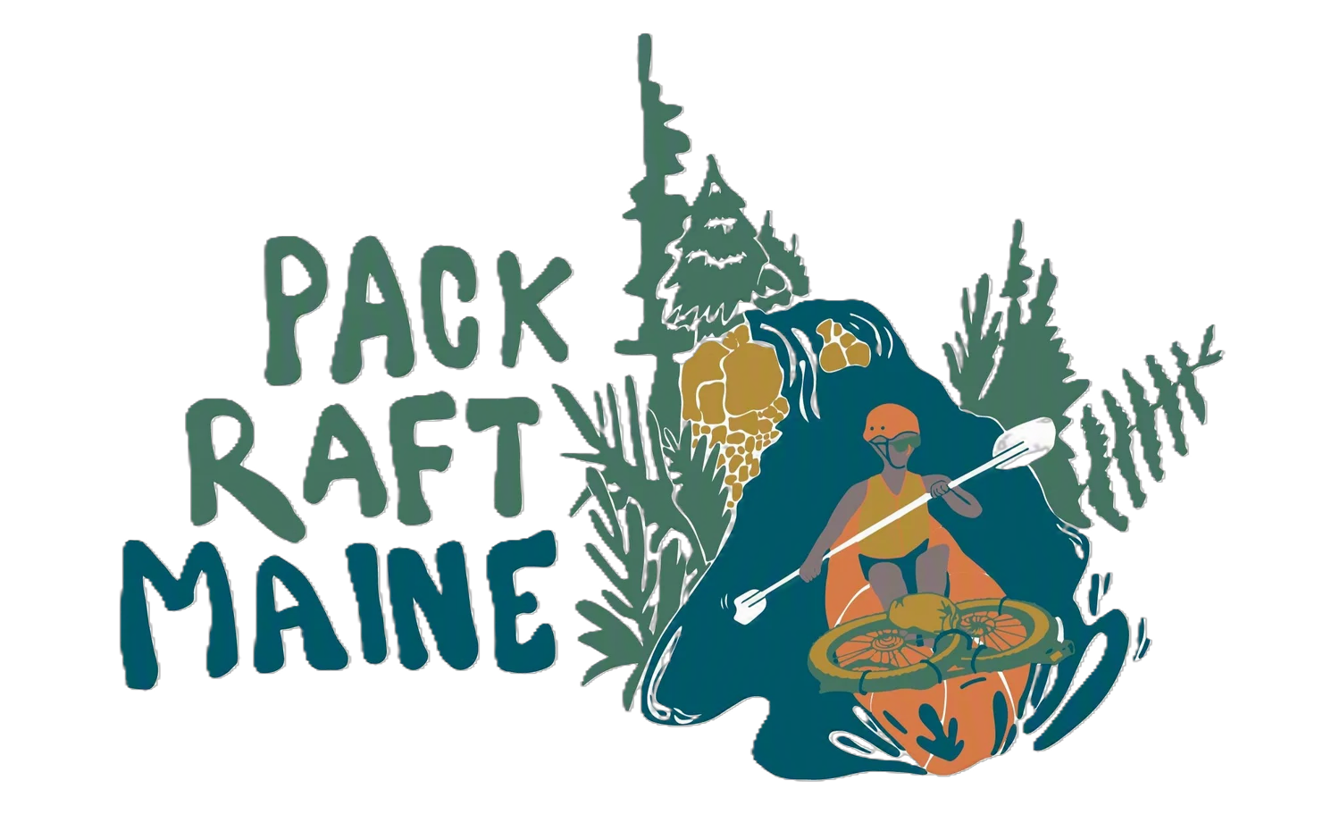 A graphic of a paddler in a pack raft, surrounded by trees and rocks, with the words "Pack Raft Maine" prominently displayed.
