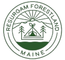 Logo featuring a mountain, trees, and sun, encircled by the text "Resurgam Forestland, Maine."