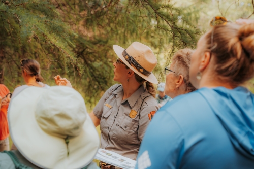 Several women are gathered around a white female park ranger who is pointing at a tree.
