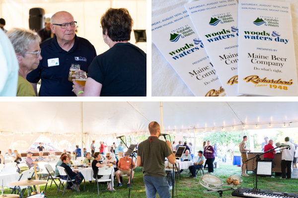 A montage of photos: three adults in conversation, printed event programs, and a white man speaking at a microphone under a tent.