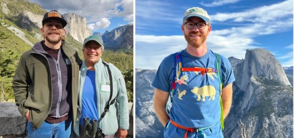 Photo 1: A man and a woman stand in front of mountain slopes and rock cliffs. Photo 2: A man with a backpack on stands in front of many rock cliffs.