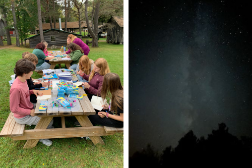 A picture of students at a picnic table and a picture of the night sky with the Milky Way.