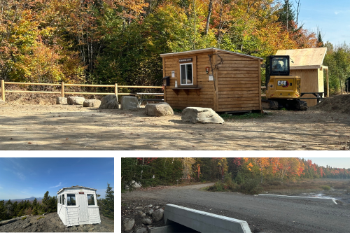 A grid with three photos: a small wood building in a gravel parking lot in the woods, a concrete bridge over a bog, and a small white shingled hut atop a granite mountaintop.